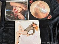 Three vinyl LP albums by The Cars displayed on black fabric: 'The Cars,' 'Shake It Up' round picture disc, and 'Candy-O' covers.
