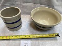 Photo showing size comparison of the crock and bowl side by side with a measuring tape for scale.