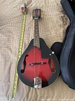 Mandolin laid out with measuring tape to show size and color finish spanning from red center to black edges with f-holes and pickguard visible.