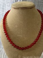 Full view of cherry quartz beaded necklace on display stand showing uniform rounded red beads.