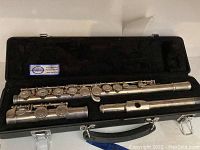 Flute disassembled into three parts laid inside black fitted case with plush lining.