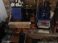 Various storage boxes stacked together, blue fabric boxes, wood and cardboard boxes, cat wall decor on the hearth, folded umbrellas in holders.