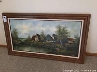 Full view of framed oil painting depicting farm scene with barns, trees, pond