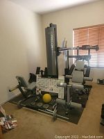 Full view of gym station on floor mat with weights and accessories