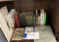 Photo showing the full set of approximately 14 vintage war-related books arranged on a wooden shelf, with books having mixed colors and sizes.