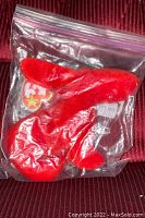 Red Ty Beanie Baby plush dog in plastic storage bag showing Ty heart-shaped tag.