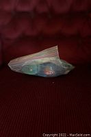 Side view of the sealed plastic bag containing the Ty Beanie Baby Rainbow The Chameleon plush toy showing the multi-colored fabric inside.