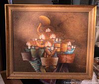 Framed encaustic oil painting showing band members with instruments in warm brown background