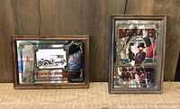 Two silk screen mirrored pieces of bar advertising art against wood panel wall, one Beefeater and one vintage Rolls-Royce car advertising piece.