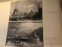 Close-up of two engravings titled 'Tombs of the Kings of Goomtee' and 'Bombay Harbour', showing Victorian-era black and white prints mounted on album pages