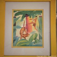Framed unsigned tropical scene watercolor artwork showing a man climbing a tree and a tiger in vibrant colors.