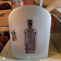 Closed view of Evercool portable cooler with Absolut vodka bottle image on the door and metal handle