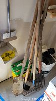 Photo showing several long-handled garden tools including shovel, fork, and spade alongside a yellow pooper scooper, box of Miracle-Gro fertilizer, and white bucket with other supplies.