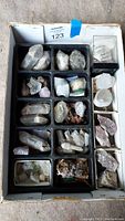 Black compartment tray containing various quartz crystals and minerals with four white side boxes of additional specimens