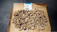 All rough sunstones spread on brown paper with nickel coin for scale, showing large quantity of small stones and overall texture.