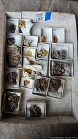 Top view of 20 small wulfenite mineral specimen pieces housed in small individual white display boxes.