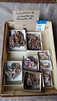 Eight wulfenite mineral specimens presented in individual boxes with handwritten locality labels from Arizona and Mexico.