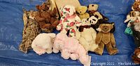 Nine assorted plush bears on blue tarp including jointed bears, pandas, and floral print bear with tags and certificates visible.