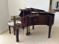 Overall view of baby grand piano with lid open, showing body, bench and wheels