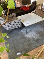 Grey area rug shown under a chair and coffee table, illustrating size and condition in a furnished room.