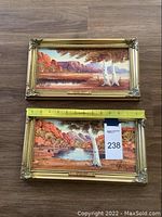 Two small landscape paintings with metal frames, showing scenic outdoor views, laid flat with a measuring tape indicating size.