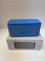 Blue DOSS Bluetooth wireless speaker displayed on top of its original box. Speaker shows power, playback, and volume controls on top and multiple input ports on side. Box in background has DOSS branding and image of speaker.