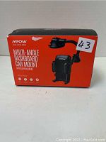 Photo of the MPOW multi-angle dashboard car mount in original box showing brand, product name and image