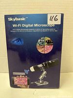 Front of box showing Skybasic Wi-Fi Digital Microscope branding and compatibility details.