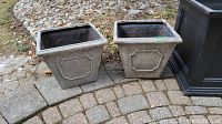 Two square outdoor planters placed side by side on a paved outdoor area with stone landscaping visible behind them.
