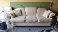 Front view of the upholstered 3-seat sofa laying against a green wall with two matching throw pillows on each end.