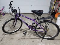 Side view of purple Discovery Raleigh adult bicycle with 25" wheels, showing frame, wheels, pedals, saddle, and rear rack.