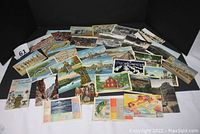 Overview of all 32 postcards spread out showing various landscapes, buildings, and tourist sites mainly from the 1940s in USA.