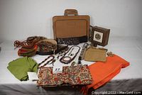 Full lot view showing handbags, scarves, crop top, belts, and jewelry box