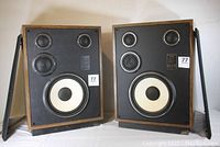 Pair of Detar Research Model 681 floor speakers front view showing the large white woofer cone and multiple driver speakers on black face panels with wood veneer sides.