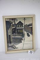 Full view of framed print 'Ice Glare' by Charles Burchfield showing street scene with snow, houses, car, and shadows.