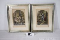 Two framed and matted 19th century hand tinted steel engravings side by side, showing full lot contents.