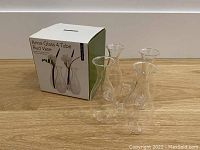 Four small connected clear glass bud vases shown together on a wooden floor with original box labeled 'Anna Glass 4-Tube Bud Vase'.