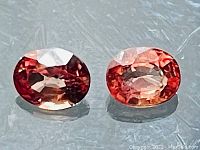 Close-up photo of two oval cut Padparadscha sapphires showing their color and facets.