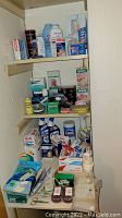 Shelves containing assorted first aid, health aids, dental care, and cleaning products including band-aids, gauze pads, gloves, dental toothpaste, and bottles of soap and disinfectant.