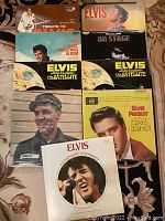 Overview photo of all 9 Elvis Presley vinyl record albums arranged together on a patterned carpet, showing a variety of album covers including close-ups and thematic images.