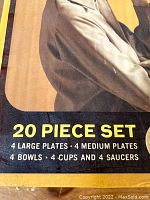 Box labeling showing 20 piece set with types of dishes included