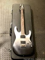 Front view of the guitar on top of its hard case