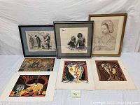 Overview photo showing all six prints, three framed and three unframed, arranged on white fabric background.