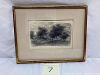 Full front view of framed etching on white backdrop showing overall appearance and frame wear