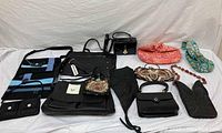 Photo showing ten various vintage women's handbags laid out on a white surface, displaying a variety of colors, materials, and styles.