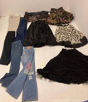 Full overview of all clothing items including pants, skirts, and shawls arranged on a surface