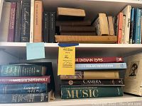 Books on shelves including historical novels, The Iliad of Homer, Tolstoy's War and Peace, and music encyclopedia.