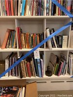 Bookshelf with multiple rows of assorted books including children's and nonfiction titles, secured with blue tape.