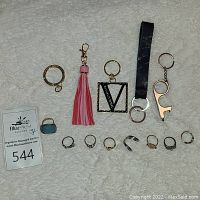Photo of key chains and rings laid out on a light textured surface, includes 5 key chains and 8 rings