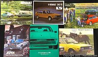 Various Renault car advertising pamphlets showing models such as Renault 30 TS and Renault 17 Gordini 2+2, along with promotional pictures of vehicles in outdoor scenes and people.